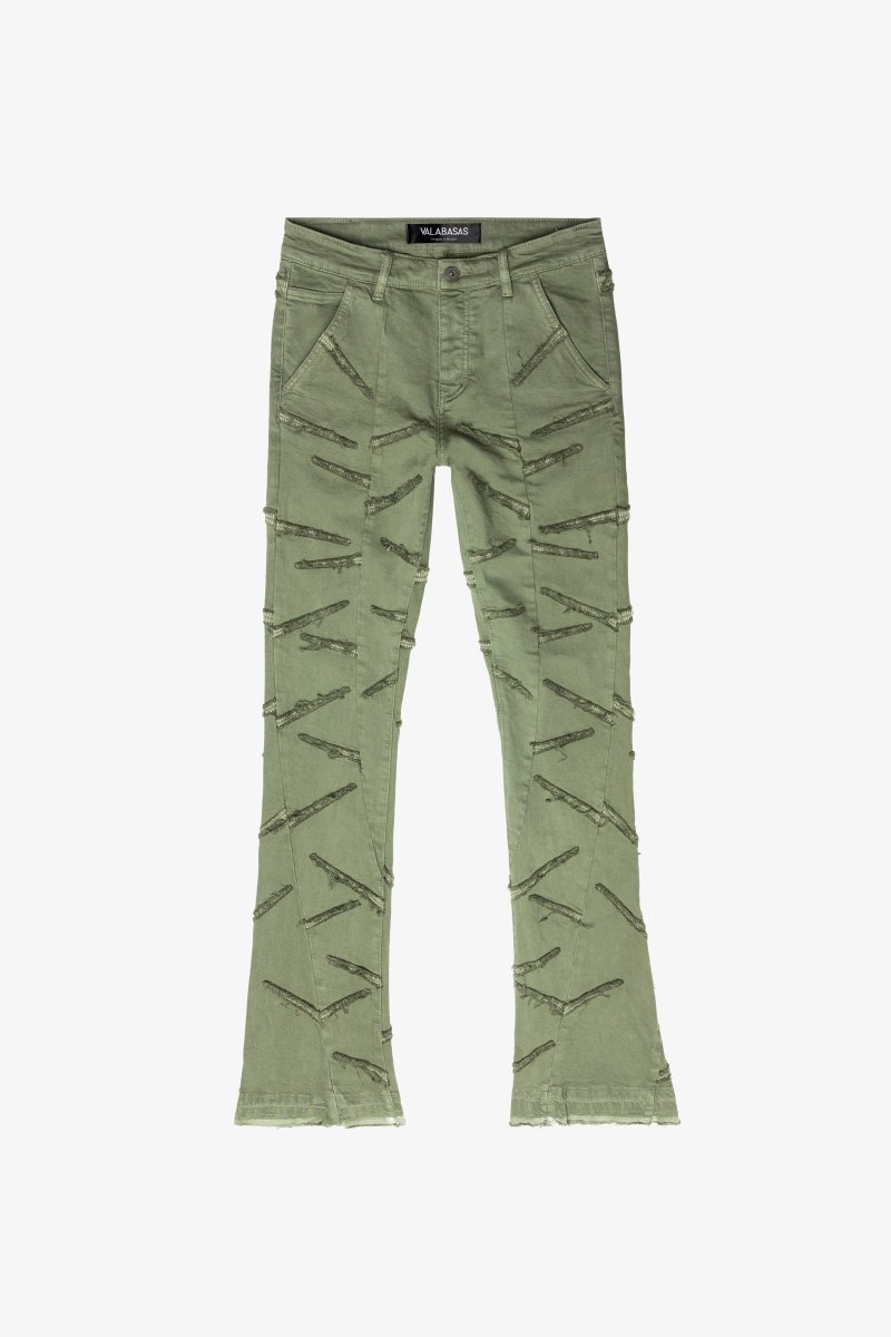 “SABER” STACKED FLARE JEAN OLIVE WASHED