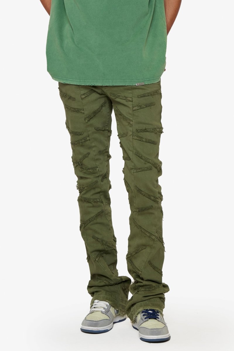 “SABER” STACKED FLARE JEAN OLIVE WASHED