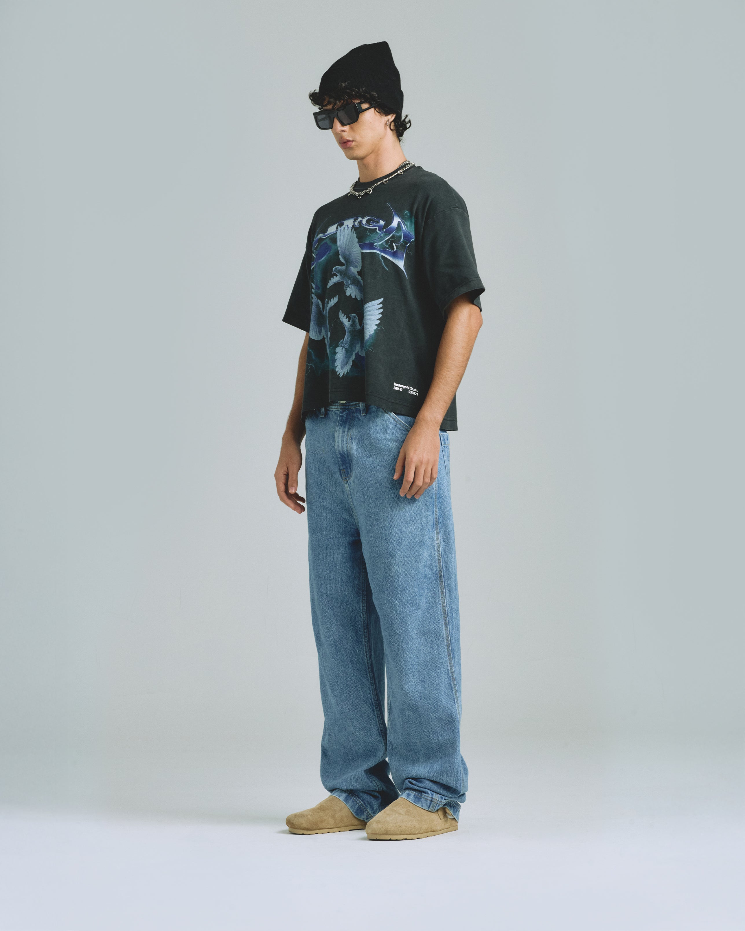 Thunder Rider Pigeons Boxy Fit Tshirt Vintage Black