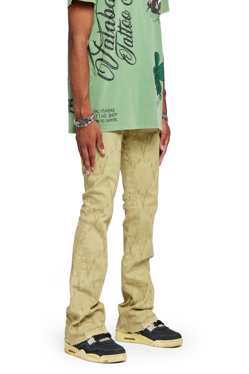 “V LOVE”  STACKED FLARE JEAN OLIVE