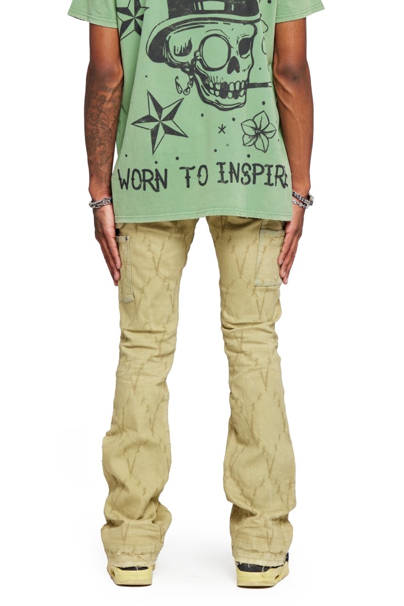 “V LOVE”  STACKED FLARE JEAN OLIVE