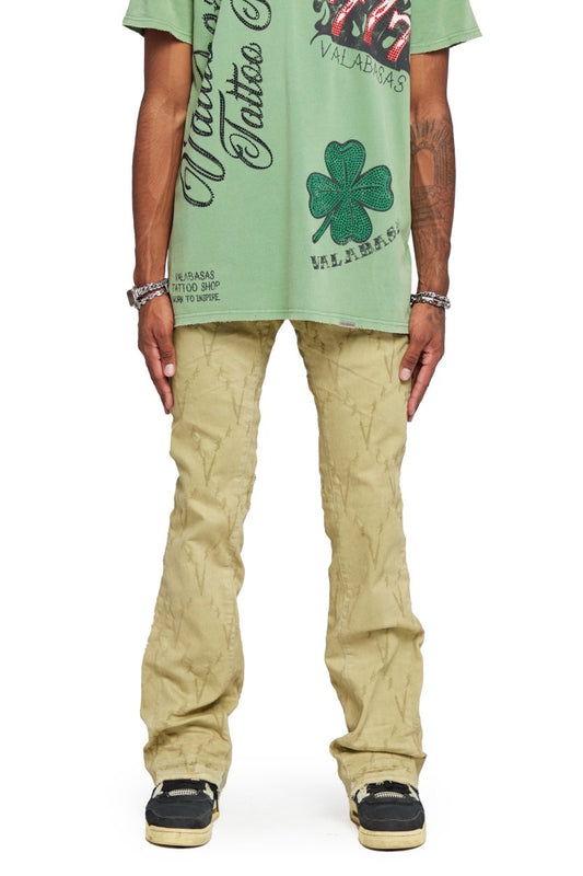 “V LOVE”  STACKED FLARE JEAN OLIVE