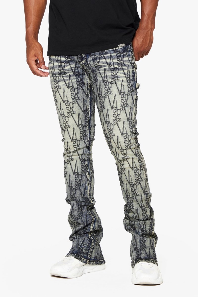 "V-SCRAWL" STACKED FLARE JEAN BLACK BLUE