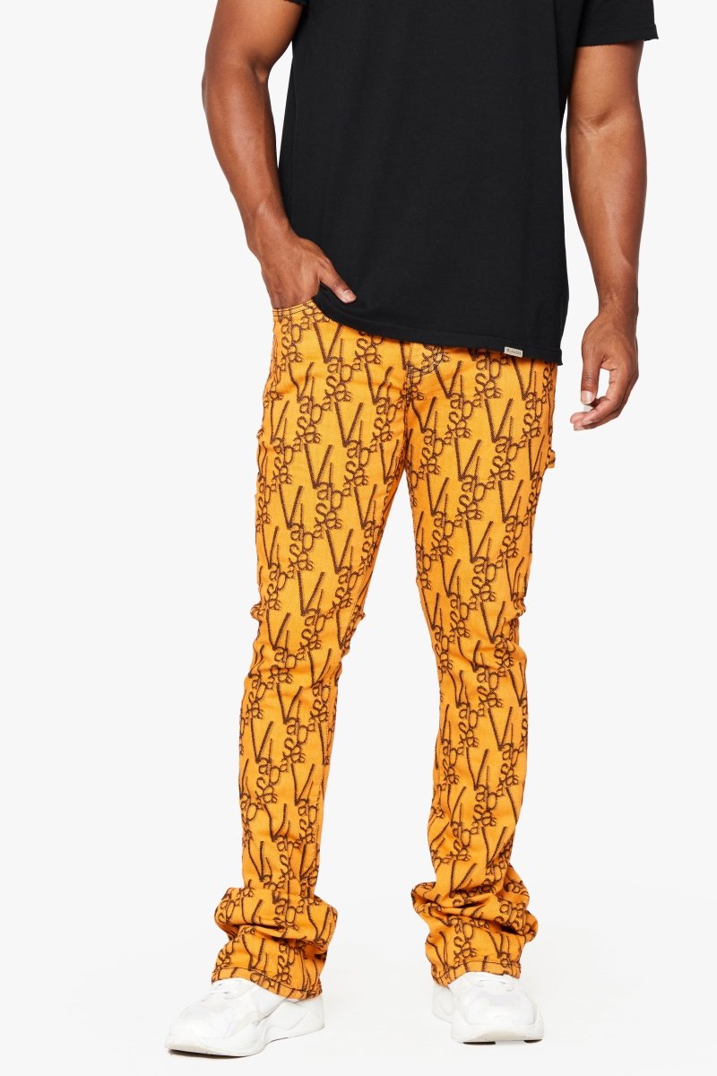 "V-SCRAWL" STACKED FLARE JEAN BLACK ORANGE
